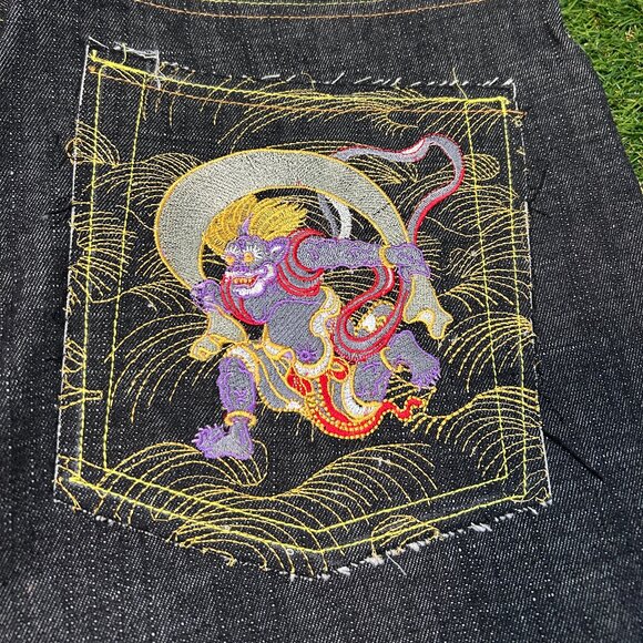 RMC Jorts – Dragon Embroidery Size 36-38 Deadstock Y2K Japanese Denim - Picture 2 of 4
